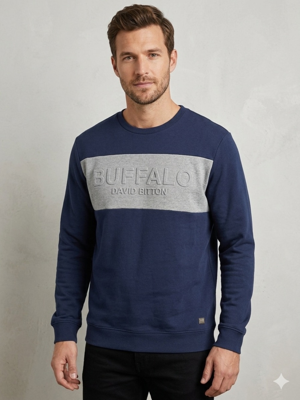 Buffalo David Bitton Navy Crewneck with Gray Chest Panel